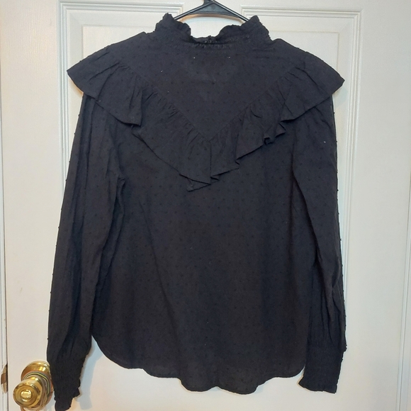 Loft Black Swiss Dot Ruffle Trim Long Balloon Sleeve Blouse Regencycore Size S - Picture 2 of 12